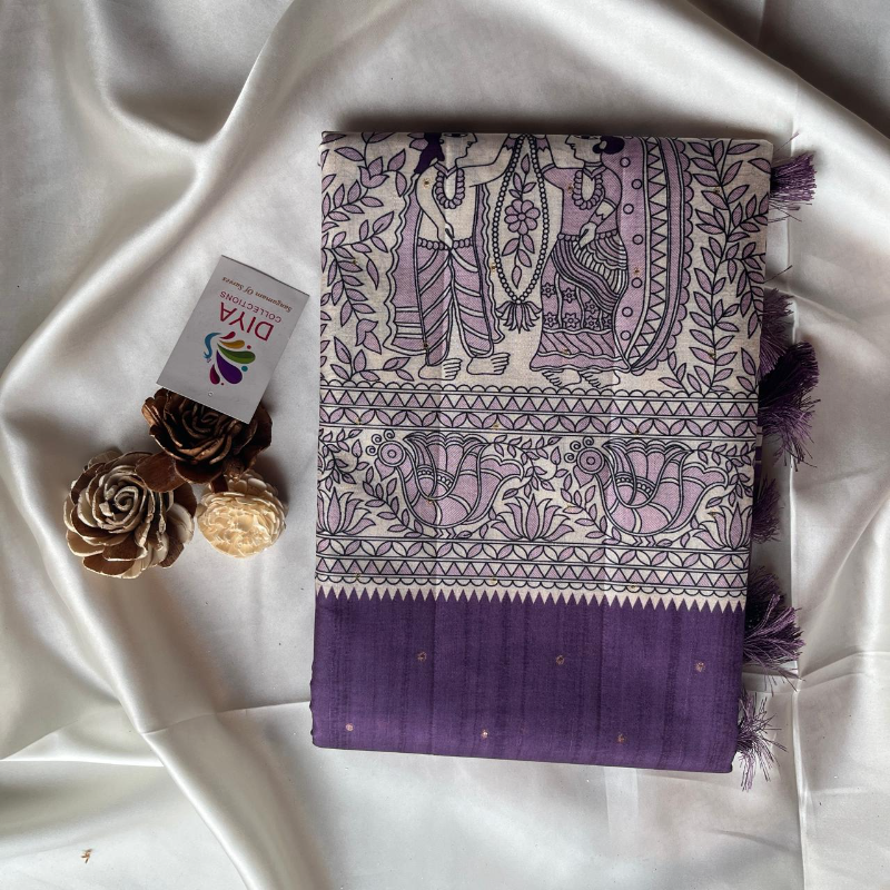 SEMI TUSSAR MADHUBANI PRINT SAREE | DFS003 - Image 3