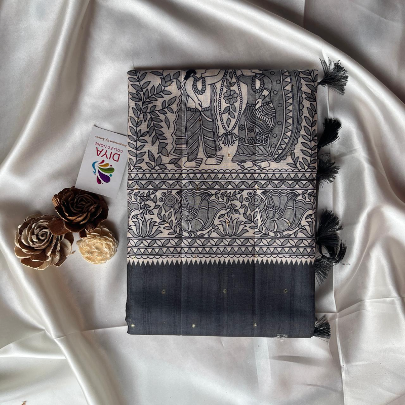 SEMI TUSSAR MADHUBANI PRINT SAREE | DFS003 - Image 4