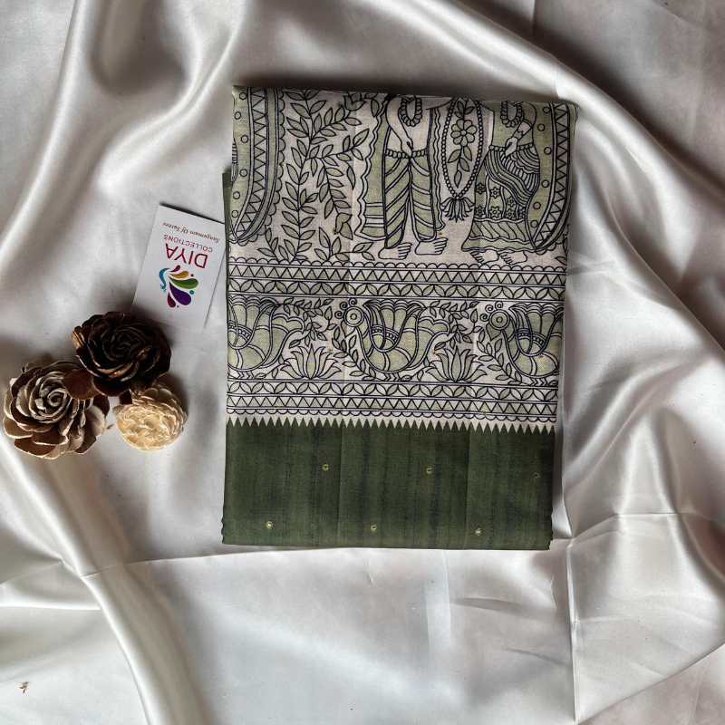 SEMI TUSSAR MADHUBANI PRINT SAREE | DFS003 - Image 5