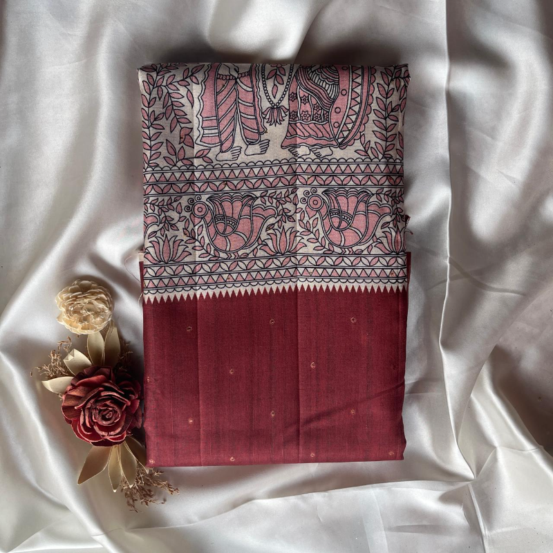 SEMI TUSSAR MADHUBANI PRINT SAREE | DFS003 - Image 6